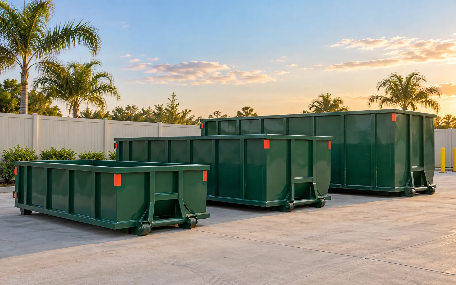 Three unbranded green roll-off dumpsters arranged from small to large
