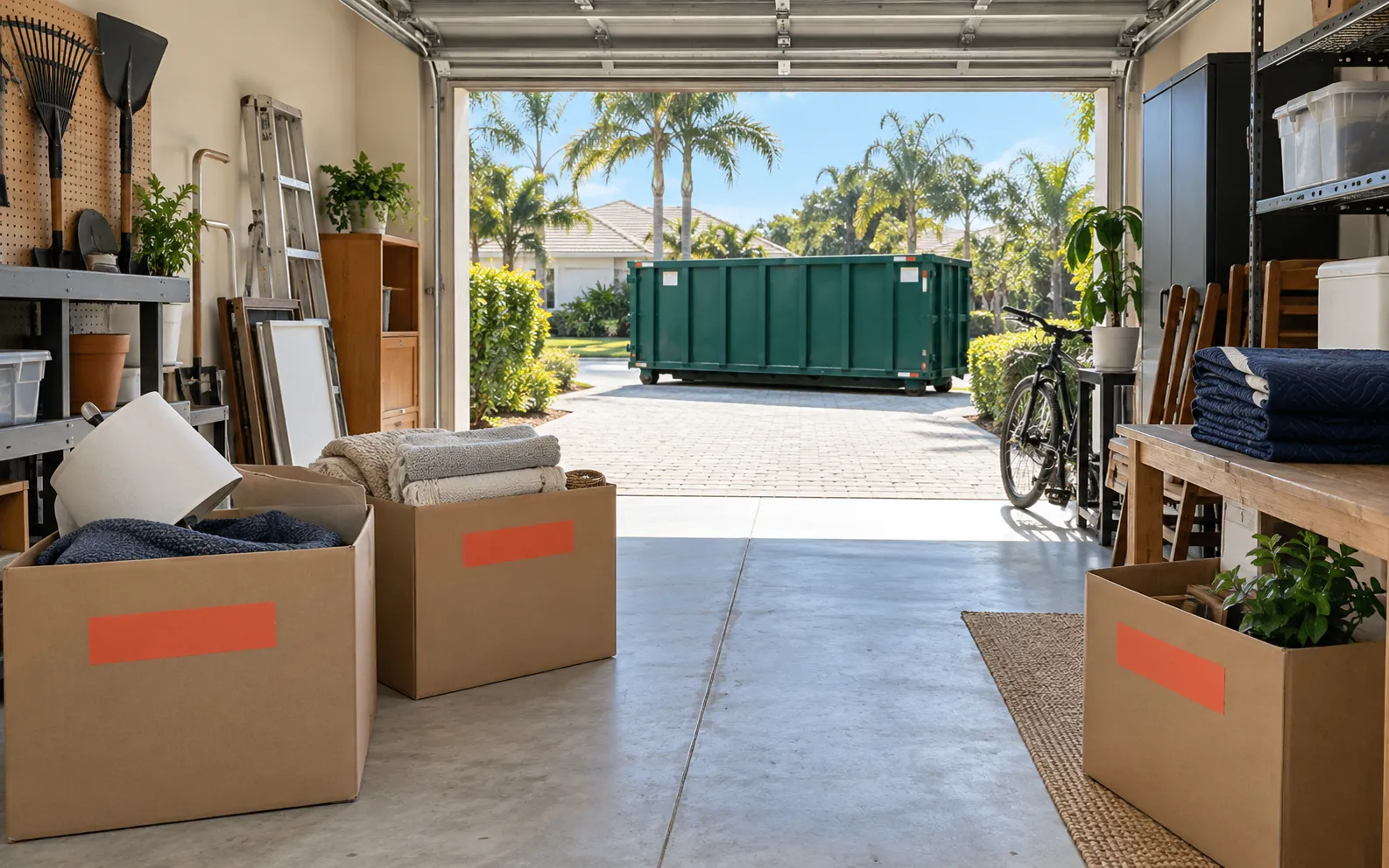Organized garage cleanout zones with a clear path to a green dumpster