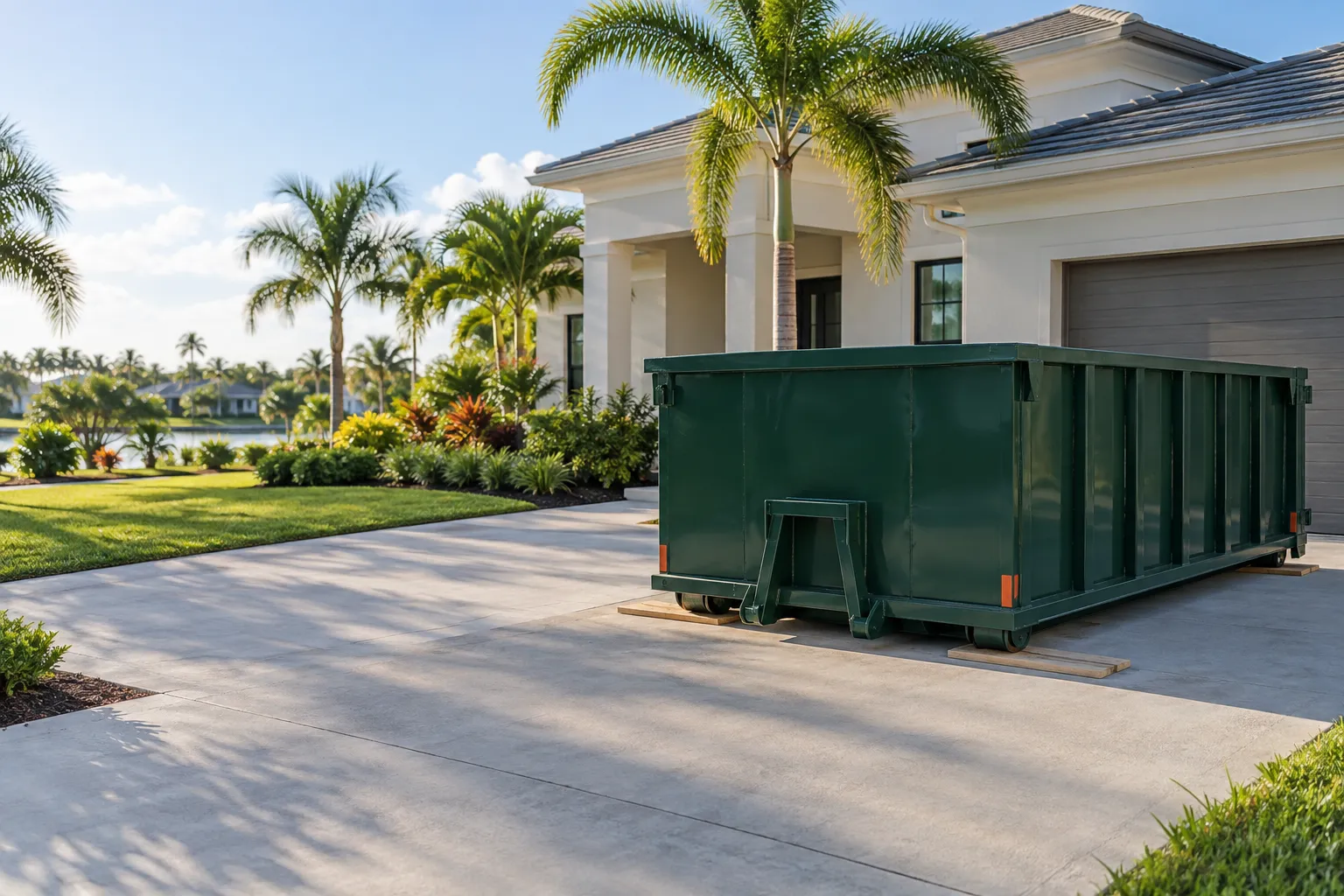 Clean green roll-off dumpster on protective boards in a Florida driveway