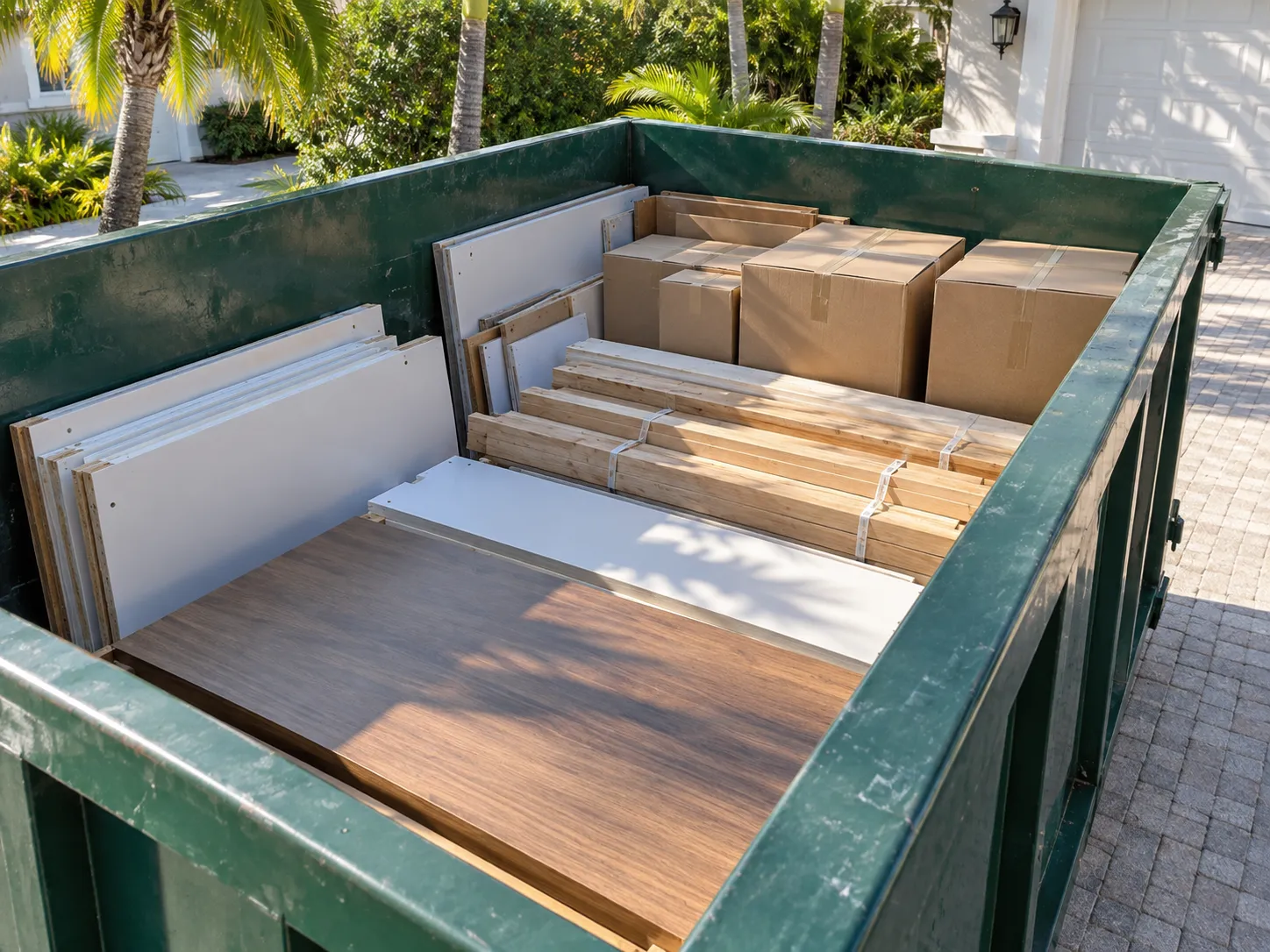 A roll-off dumpster loaded evenly with flat panels, bundled wood, and boxes